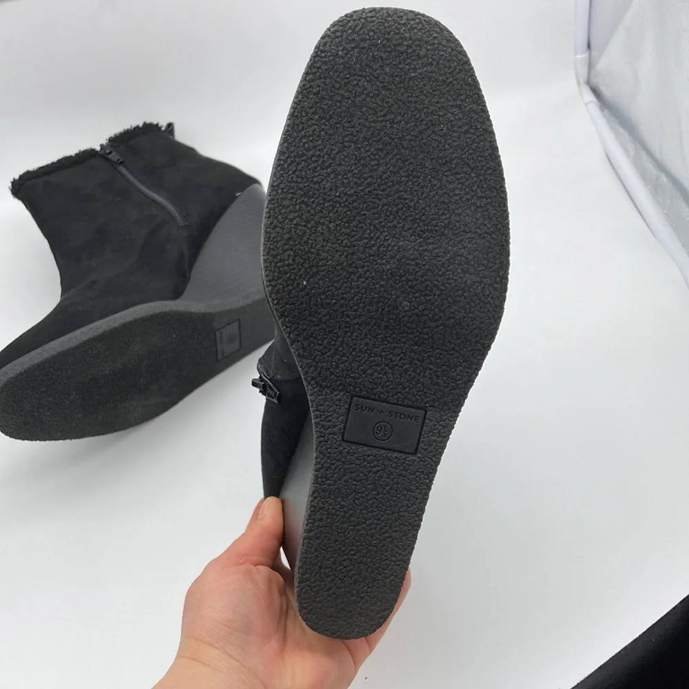 NWB SUN + STONE BLACK CAMILLA WEDGE BOOTS